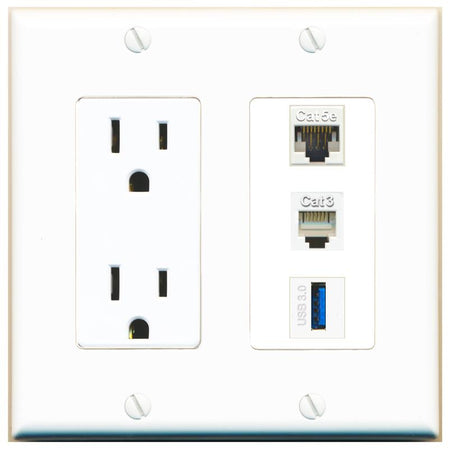 1 CAT5E 1 PHONE 1 USB-3 Wall Plate [White]