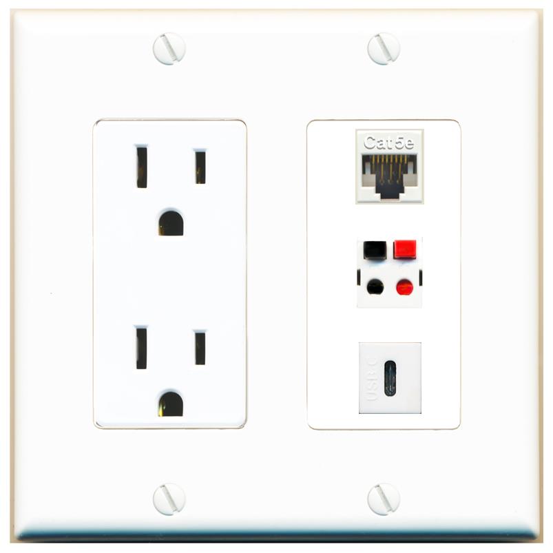 1 CAT5E 1 SPEAKER 1 USBC Wall Plate [White]