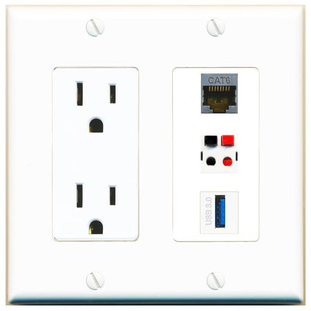 1 CAT6-SHIELDED 1 SPEAKER 1 USB-3 Wall Plate [White]