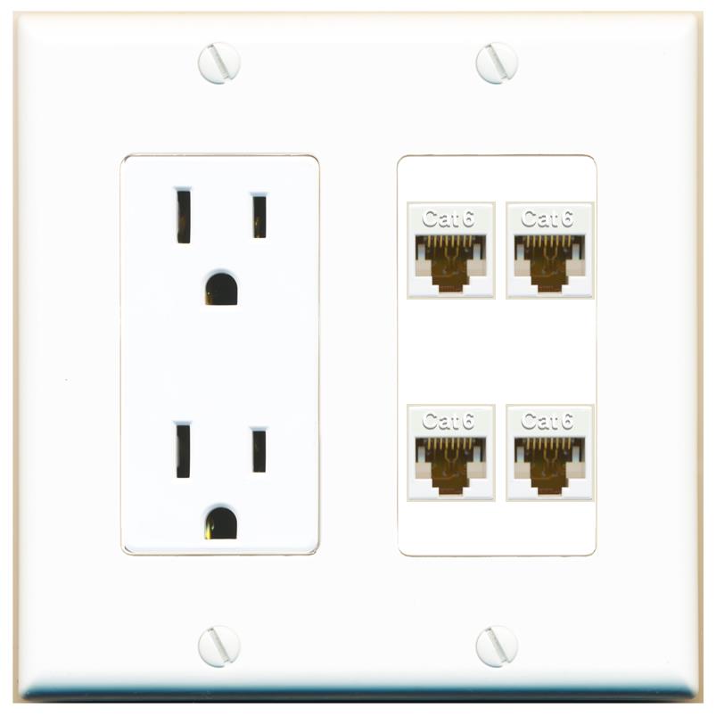RiteAV 4 CAT6 Wall Plate with 15A Power Outlet [White]