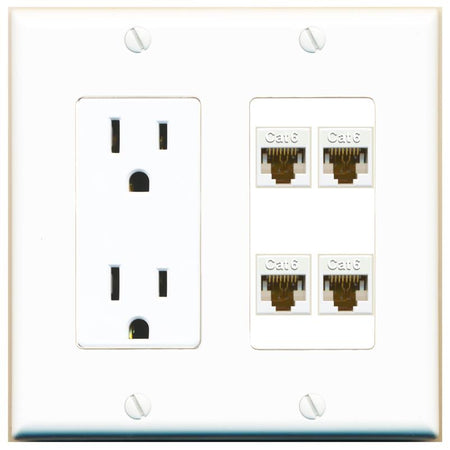 RiteAV 4 CAT6 Wall Plate with 15A Power Outlet [White]