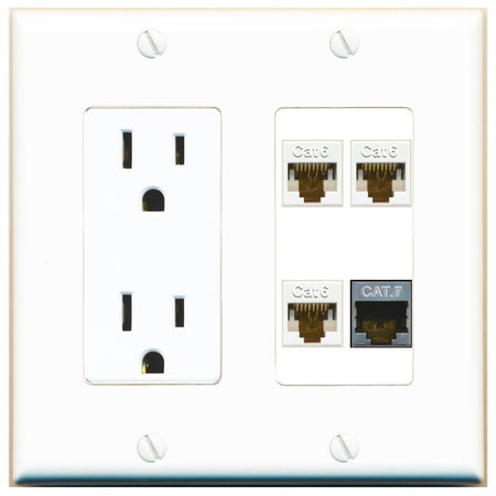 RiteAV 3 CAT6 CAT7 Wall Plate with 15A Power Outlet [White]