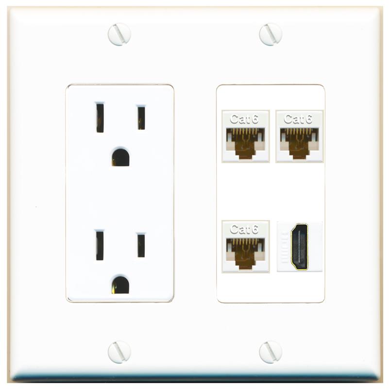 RiteAV 3 CAT6 HDMI Wall Plate with 15A Power Outlet [White]