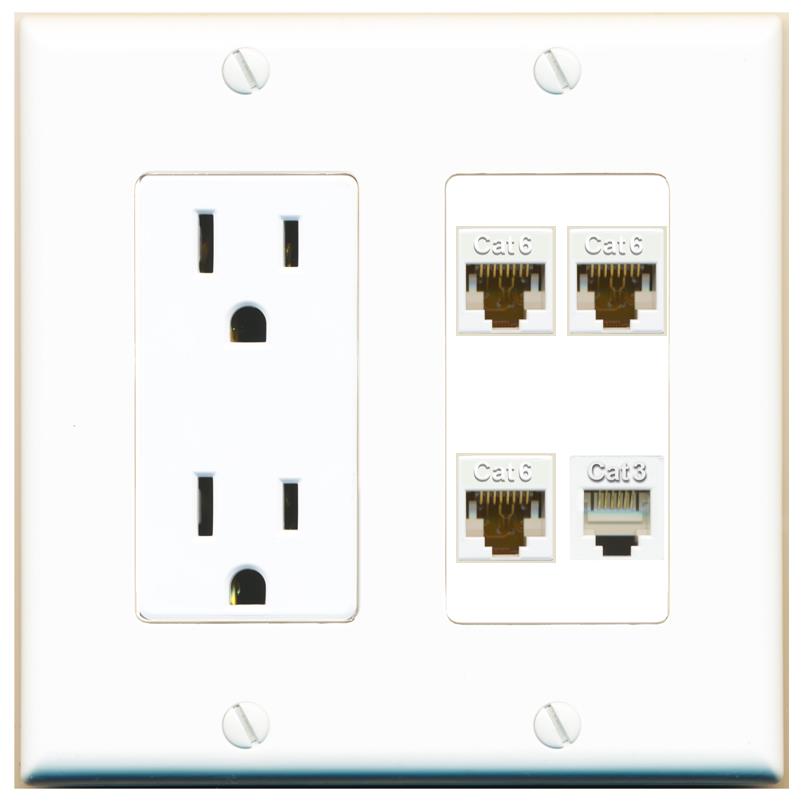 RiteAV 3 CAT6 PHONE Wall Plate with 15A Power Outlet [White]