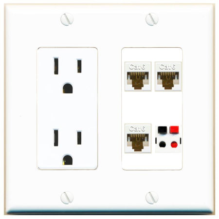 RiteAV 3 CAT6 SPEAKER Wall Plate with 15A Power Outlet [White]