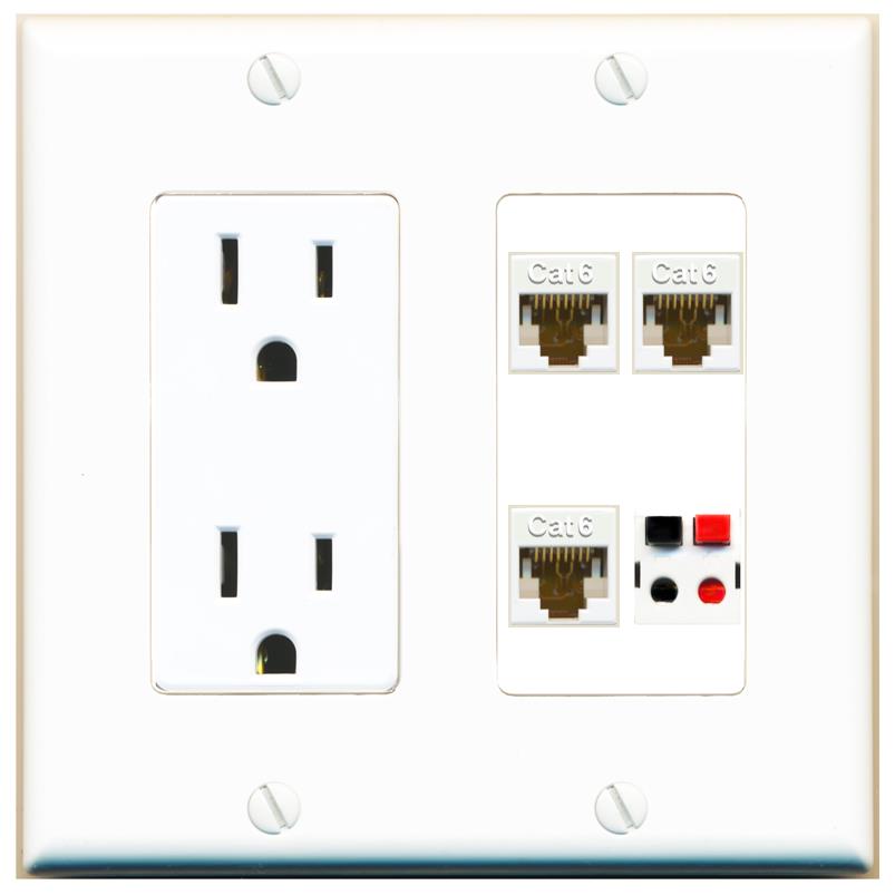 RiteAV 3 CAT6 SPEAKER Wall Plate with 15A Power Outlet [White]