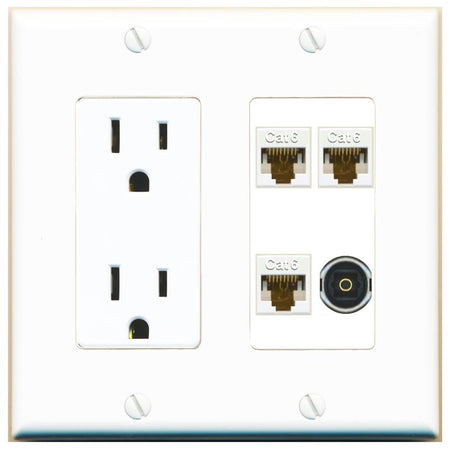 RiteAV 3 CAT6 TOSLINK Wall Plate with 15A Power Outlet [White]