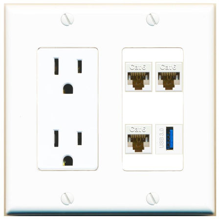 RiteAV 3 CAT6 USB-3 Wall Plate with 15A Power Outlet [White]