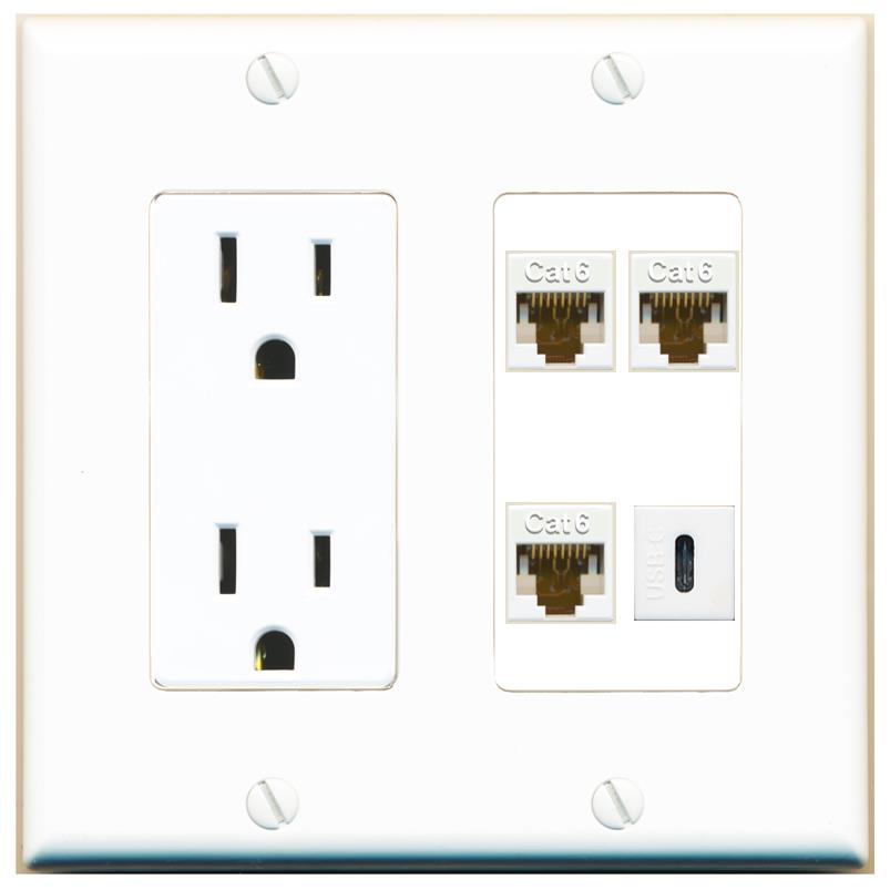 RiteAV 3 CAT6 USBC Wall Plate with 15A Power Outlet [White]