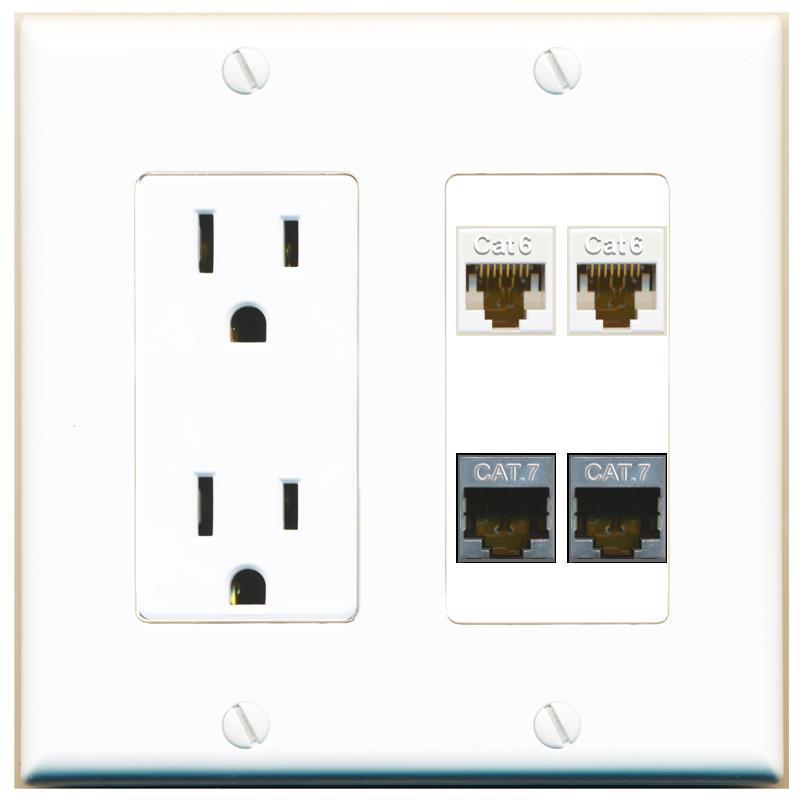 RiteAV 2 CAT6 2 CAT7 Wall Plate with 15A Power Outlet [White]