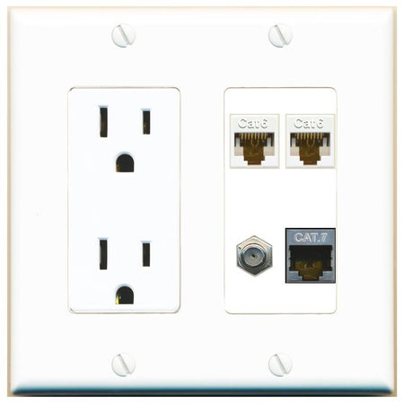RiteAV 2 CAT6 CAT7 COAX Wall Plate with 15A Power Outlet [White]