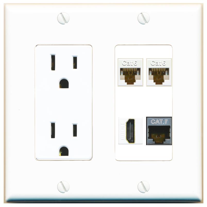 RiteAV 2 CAT6 CAT7 HDMI Wall Plate with 15A Power Outlet [White]