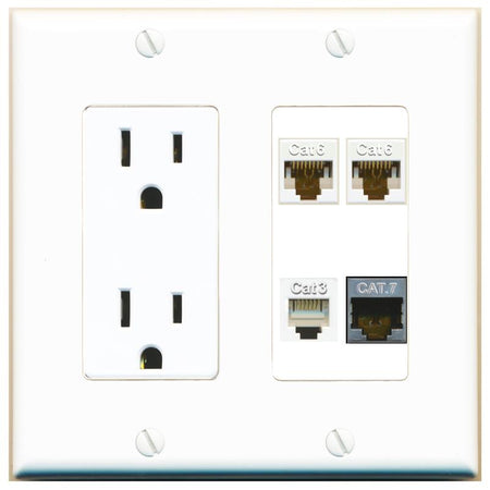 RiteAV 2 CAT6 CAT7 PHONE Wall Plate with 15A Power Outlet [White]