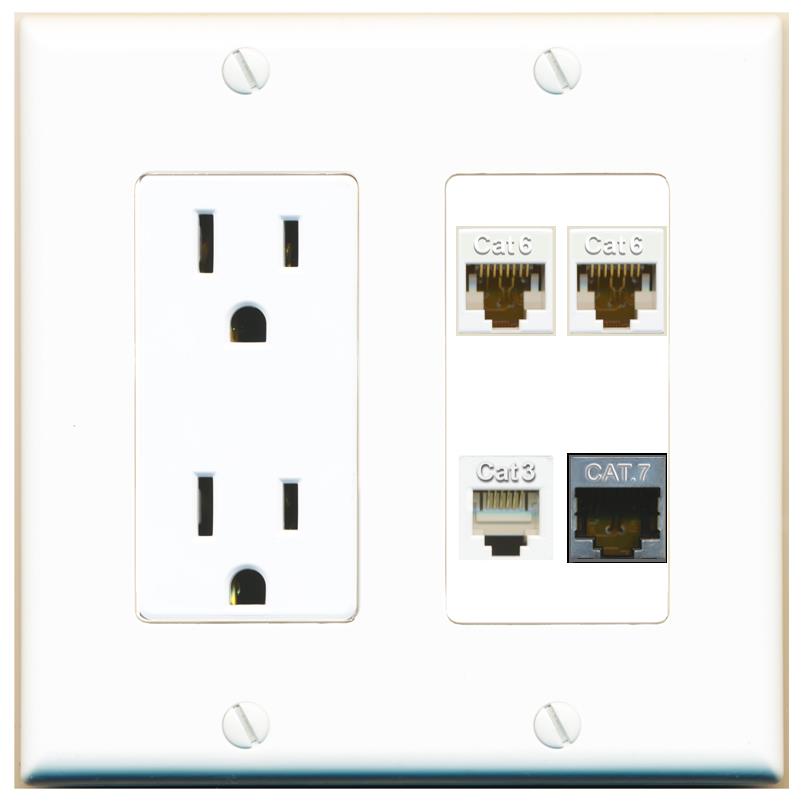RiteAV 2 CAT6 CAT7 PHONE Wall Plate with 15A Power Outlet [White]
