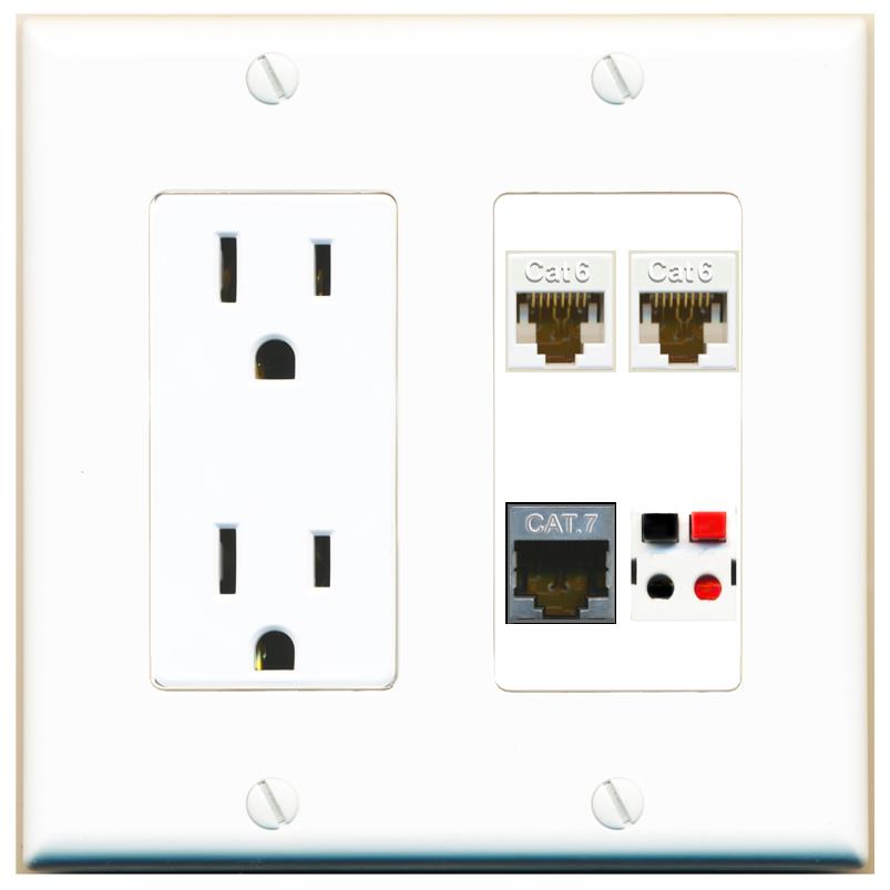 RiteAV 2 CAT6 CAT7 SPEAKER Wall Plate with 15A Power Outlet [White]