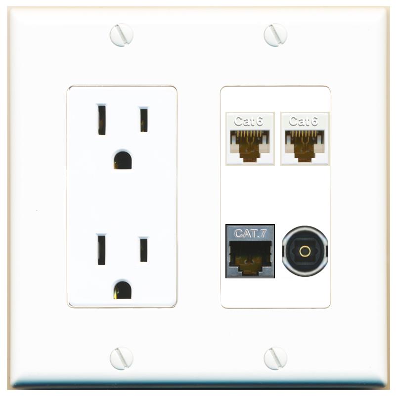 RiteAV 2 CAT6 CAT7 TOSLINK Wall Plate with 15A Power Outlet [White]