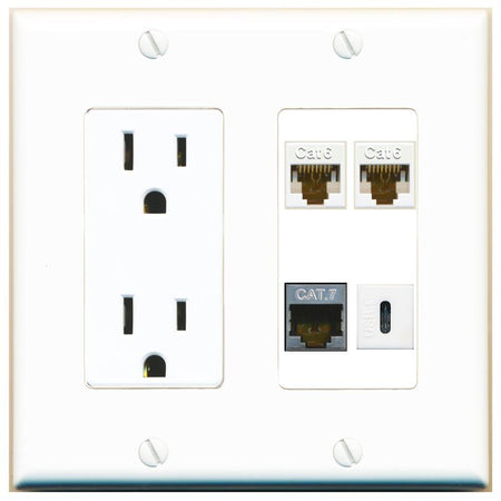RiteAV 2 CAT6 CAT7 USBC Wall Plate with 15A Power Outlet [White]