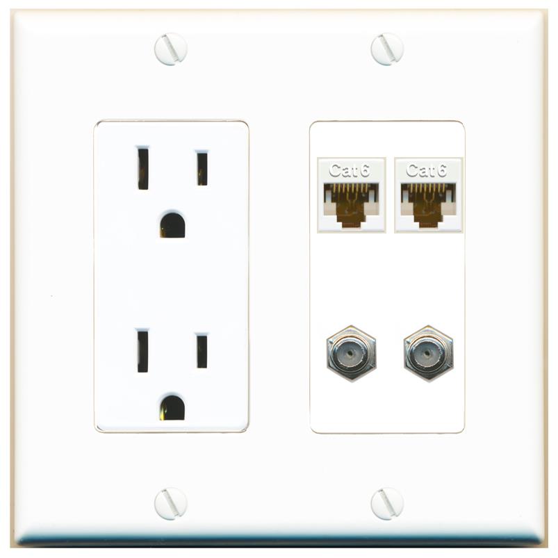 RiteAV 2 CAT6 2 COAX Wall Plate with 15A Power Outlet [White]