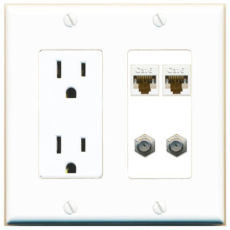 RiteAV 2 CAT6 2 COAX Wall Plate with 15A Power Outlet [White]