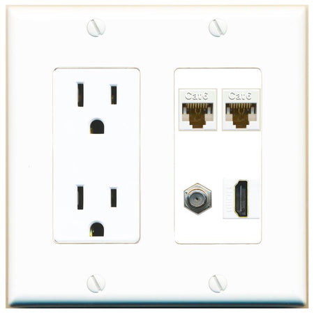 RiteAV 2 CAT6 COAX HDMI Wall Plate with 15A Power Outlet [White]