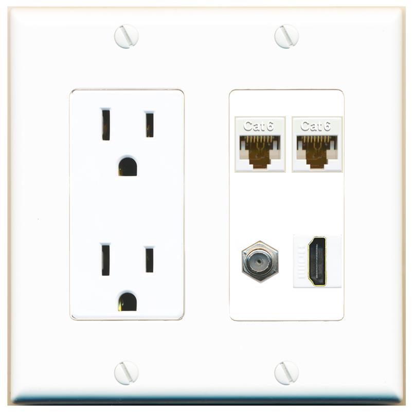 RiteAV 2 CAT6 COAX HDMI Wall Plate with 15A Power Outlet [White]