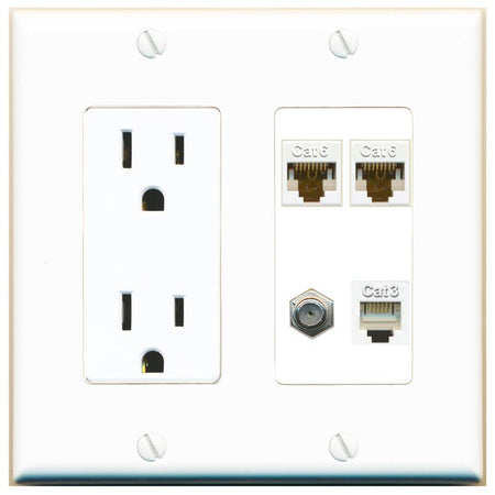 RiteAV 2 CAT6 COAX PHONE Wall Plate with 15A Power Outlet [White]