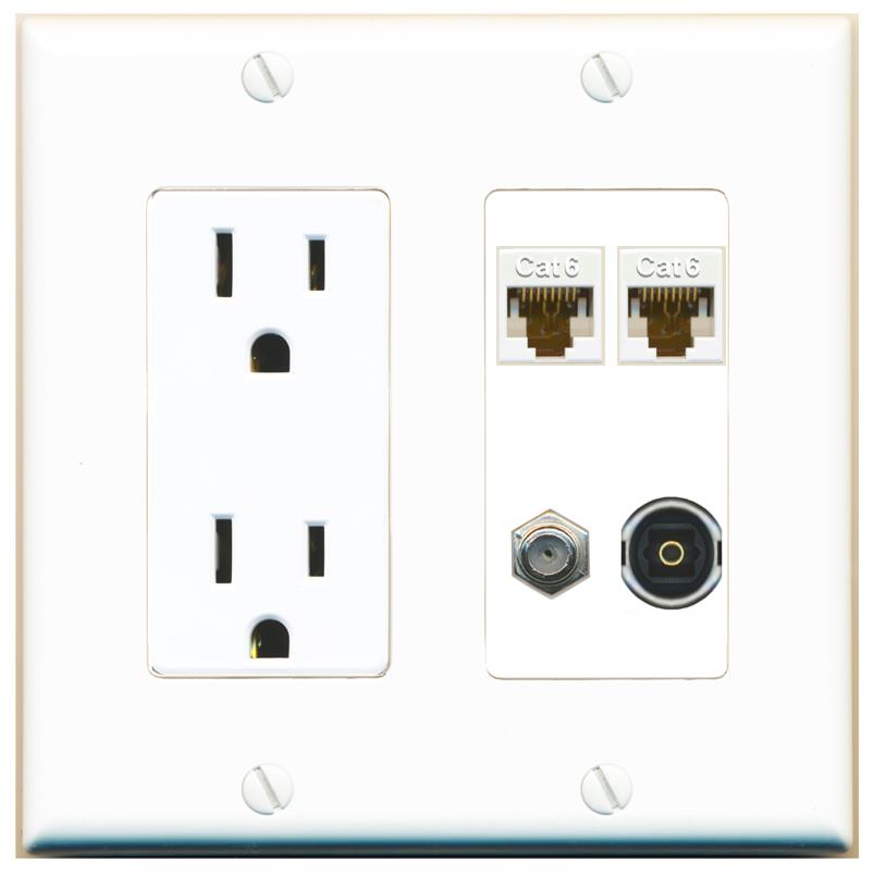 RiteAV 2 CAT6 COAX TOSLINK Wall Plate with 15A Power Outlet [White]