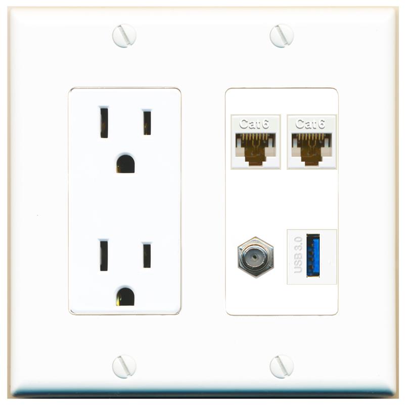 RiteAV 2 CAT6 COAX USB-3 Wall Plate with 15A Power Outlet [White]