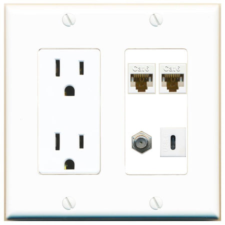 RiteAV 2 CAT6 COAX USBC Wall Plate with 15A Power Outlet [White]