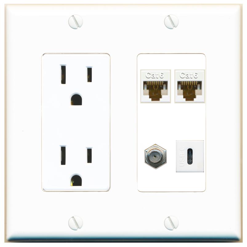 RiteAV 2 CAT6 COAX USBC Wall Plate with 15A Power Outlet [White]