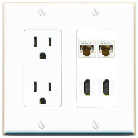 RiteAV 2 CAT6 2 HDMI Wall Plate with 15A Power Outlet [White]
