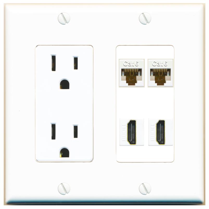 RiteAV 2 CAT6 2 HDMI Wall Plate with 15A Power Outlet [White]