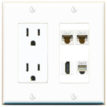 RiteAV 2 CAT6 HDMI PHONE Wall Plate with 15A Power Outlet [White]