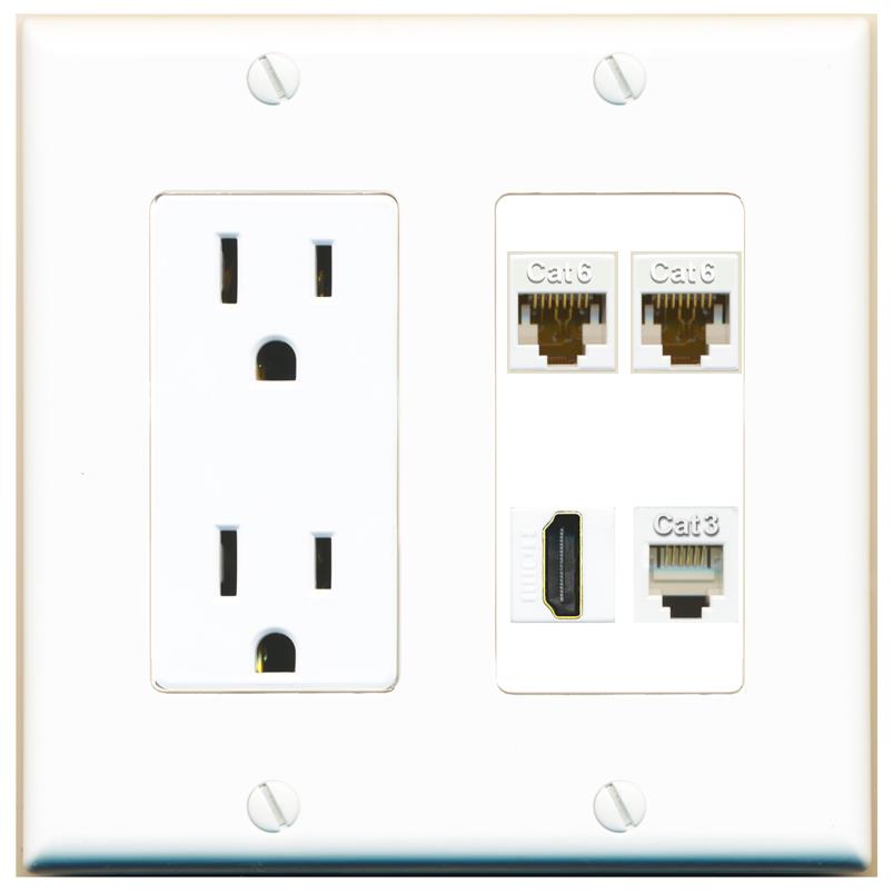 RiteAV 2 CAT6 HDMI PHONE Wall Plate with 15A Power Outlet [White]
