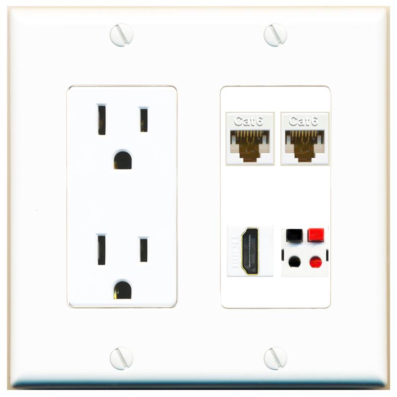 RiteAV 2 CAT6 HDMI SPEAKER Wall Plate with 15A Power Outlet [White]