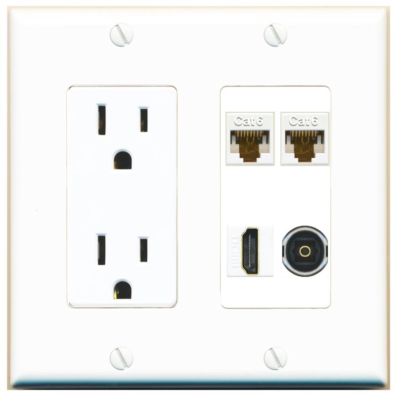 RiteAV 2 CAT6 HDMI TOSLINK Wall Plate with 15A Power Outlet [White]