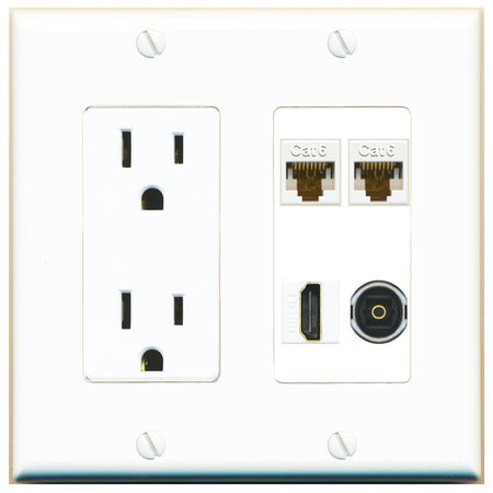 RiteAV 2 CAT6 HDMI TOSLINK Wall Plate with 15A Power Outlet [White]