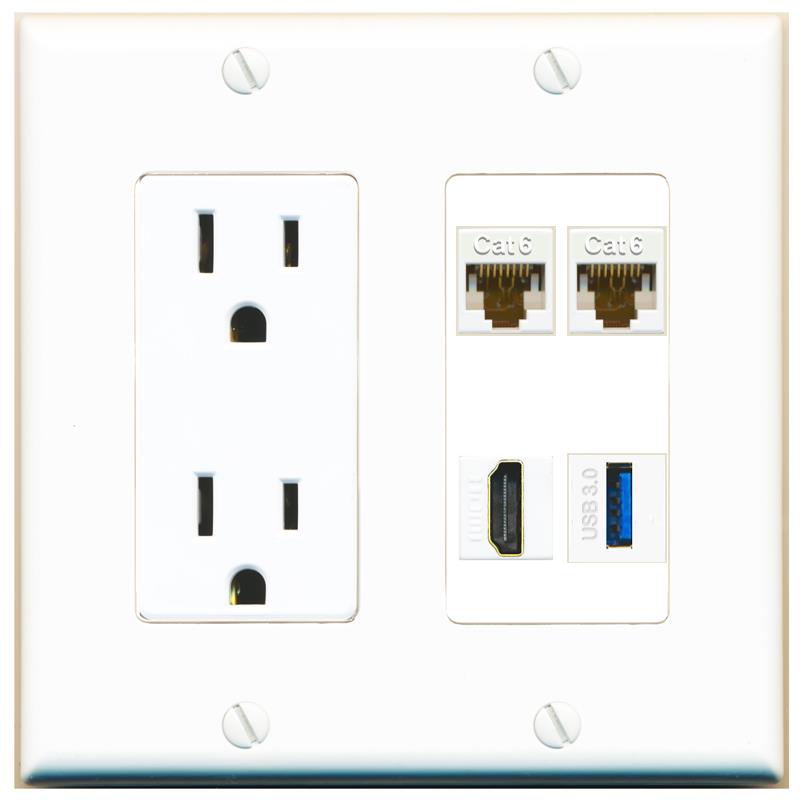 RiteAV 2 CAT6 HDMI USB-3 Wall Plate with 15A Power Outlet [White]