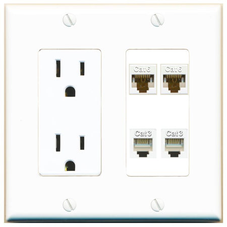 RiteAV 2 CAT6 2 PHONE Wall Plate with 15A Power Outlet [White]