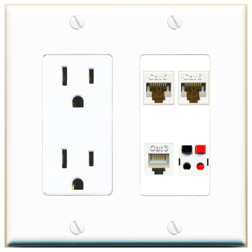 RiteAV 2 CAT6 PHONE SPEAKER Wall Plate with 15A Power Outlet [White]