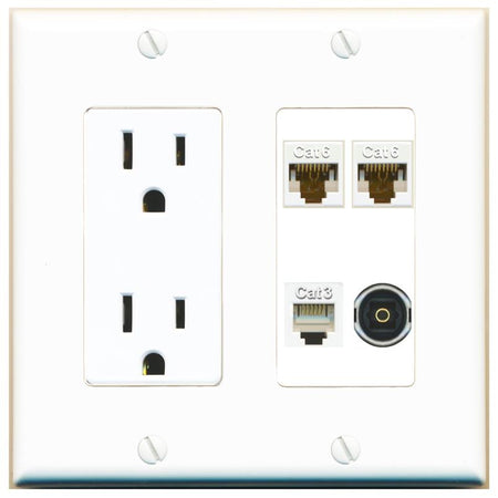 RiteAV 2 CAT6 PHONE TOSLINK Wall Plate with 15A Power Outlet [White]