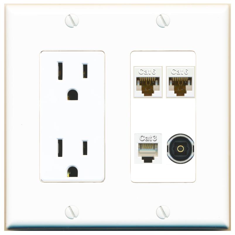 RiteAV 2 CAT6 PHONE TOSLINK Wall Plate with 15A Power Outlet [White]