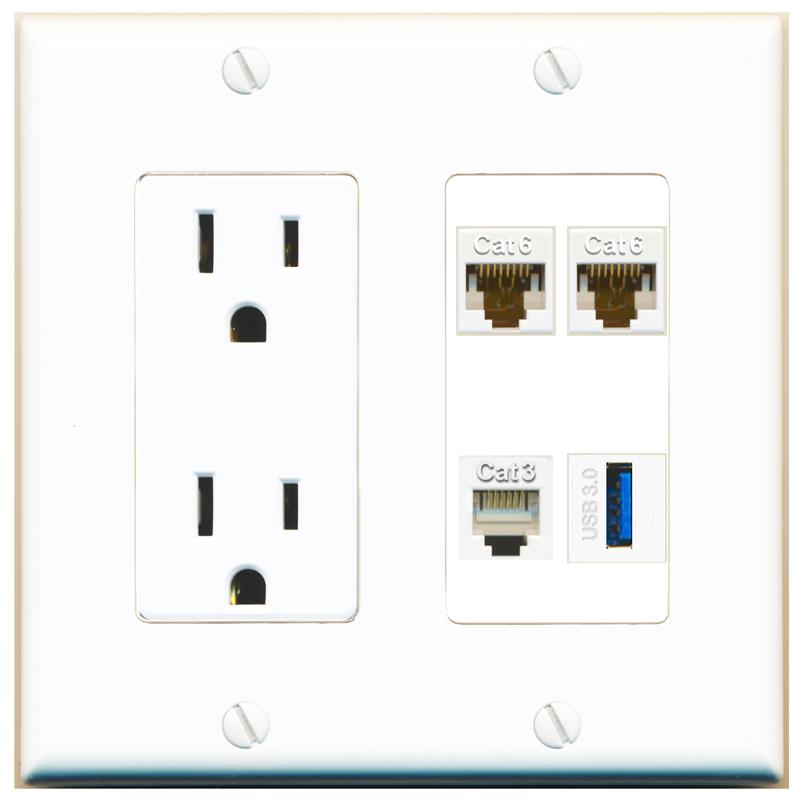 RiteAV 2 CAT6 PHONE USB-3 Wall Plate with 15A Power Outlet [White]