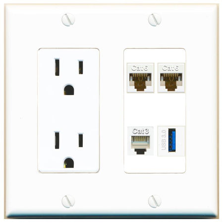 RiteAV 2 CAT6 PHONE USB-3 Wall Plate with 15A Power Outlet [White]