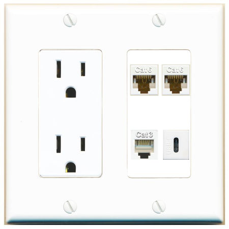 RiteAV 2 CAT6 PHONE USBC Wall Plate with 15A Power Outlet [White]