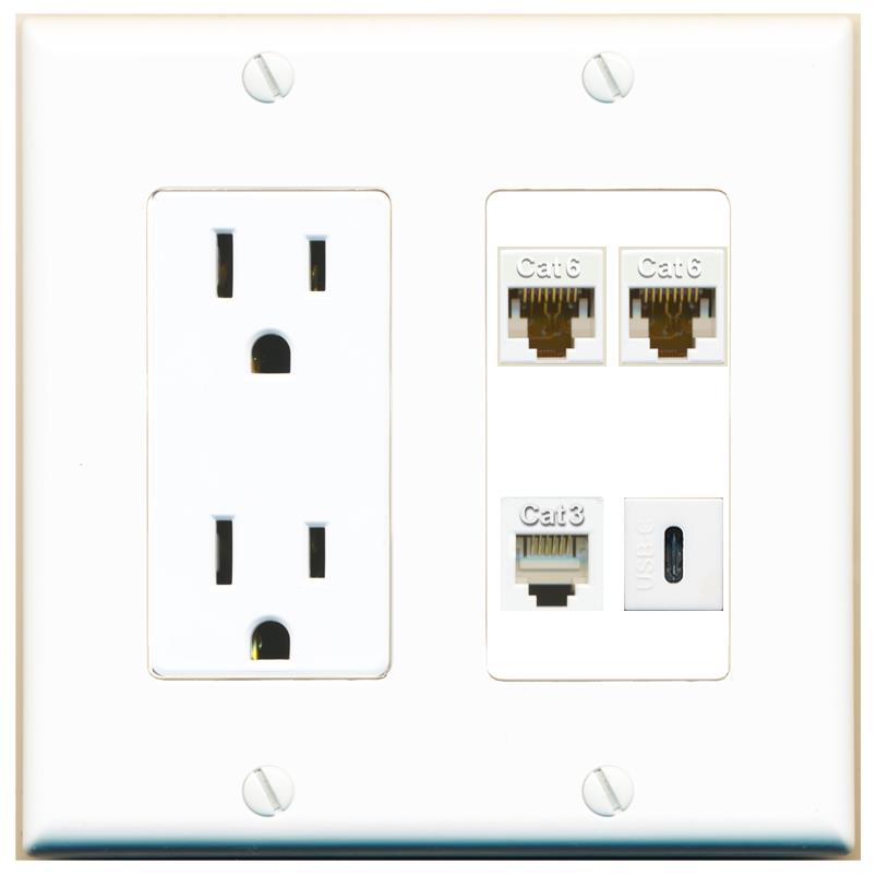 RiteAV 2 CAT6 PHONE USBC Wall Plate with 15A Power Outlet [White]