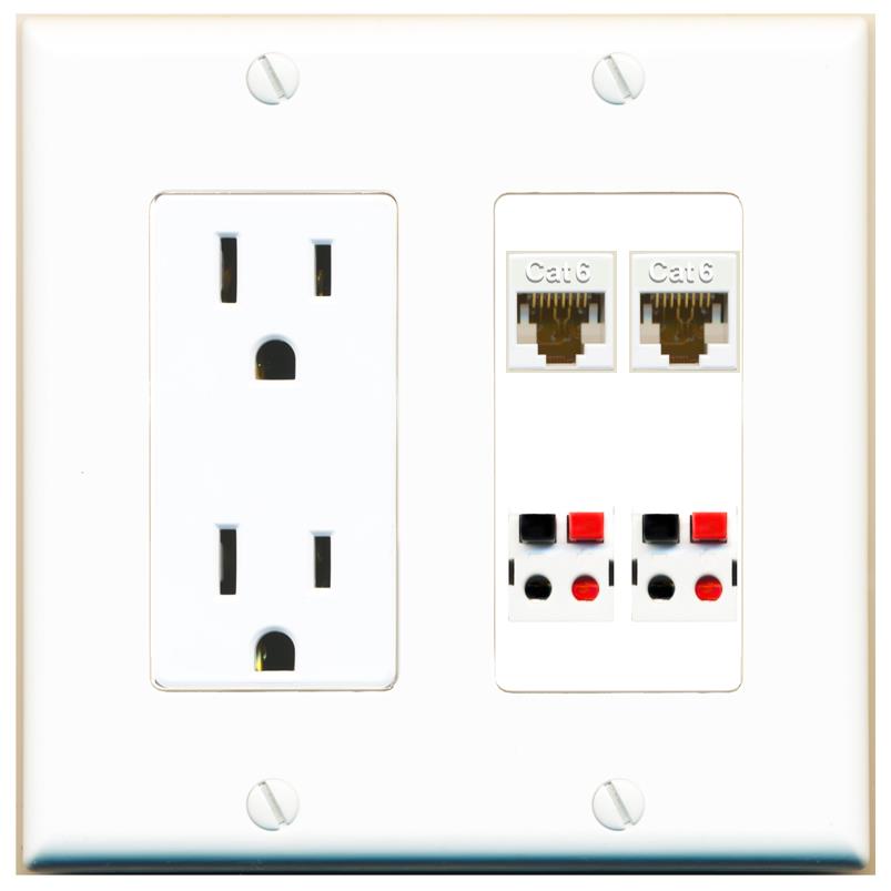 RiteAV 2 CAT6 2 SPEAKER Wall Plate with 15A Power Outlet [White]