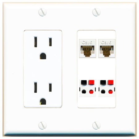 RiteAV 2 CAT6 2 SPEAKER Wall Plate with 15A Power Outlet [White]
