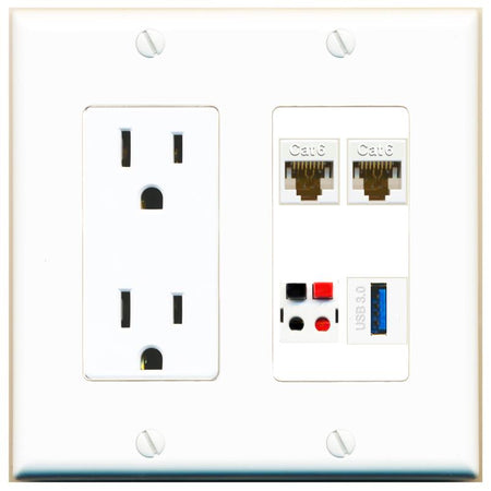 RiteAV 2 CAT6 SPEAKER USB-3 Wall Plate with 15A Power Outlet [White]