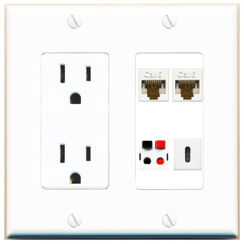 RiteAV 2 CAT6 SPEAKER USBC Wall Plate with 15A Power Outlet [White]